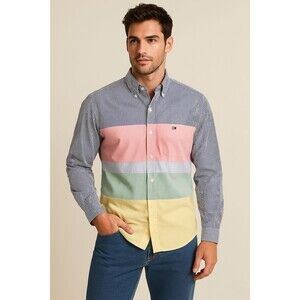 Tommy Hilfiger Vintage Mens L Colorblock Shirt Seersucker Oxford Preppy 90s Y2K